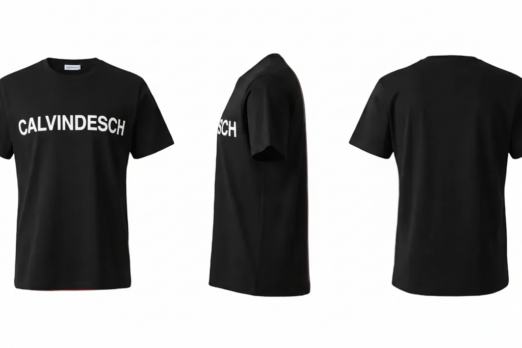 Black t-shirt with 'CALVINDESCH' printed on it against a red background