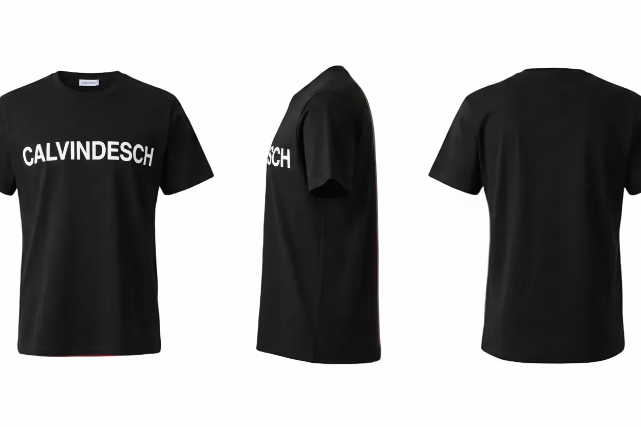 Black t-shirt with 'CALVINDESCH' printed on it against a red background